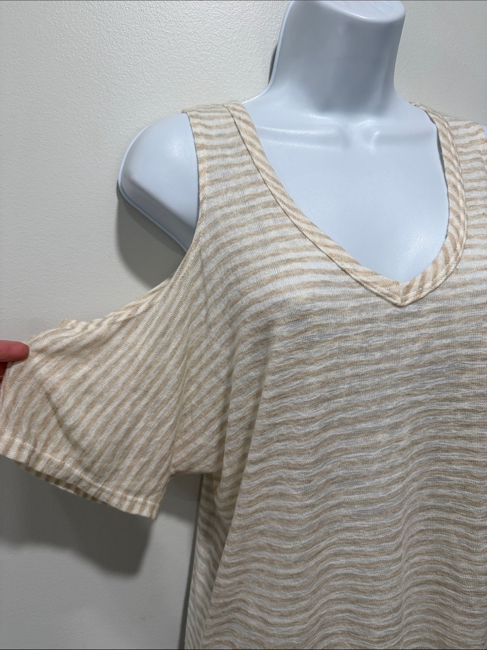 Beige Striped Cold-Shoulder V-Neck Top - Picture 3 of 4